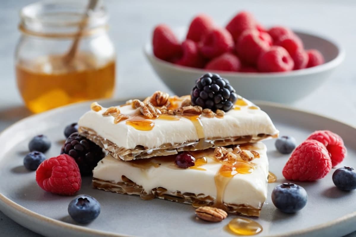 High Protein Greek Yogurt Bark with Berries and Honey