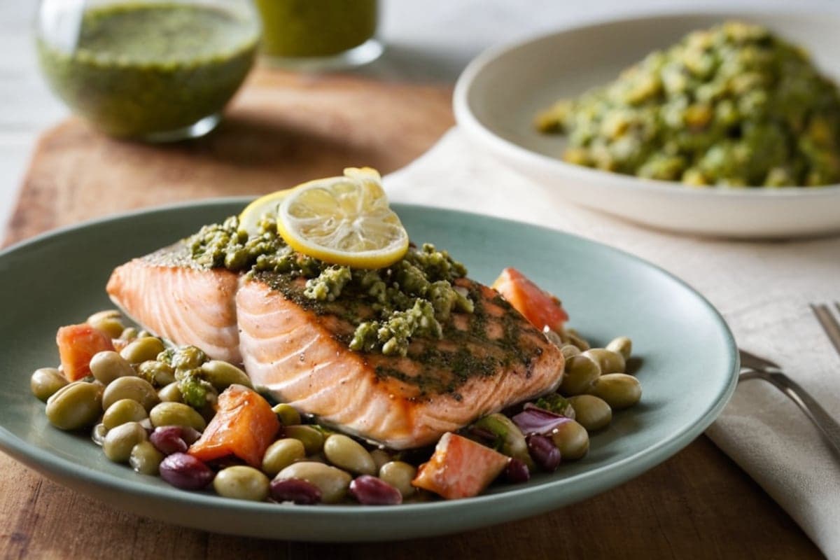 High Protein Pesto Salmon & Bean Salad