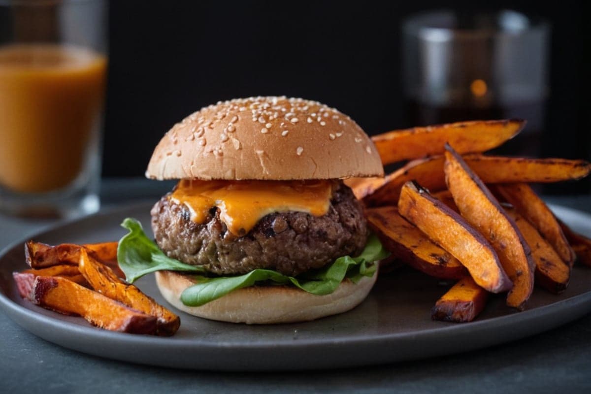 Macro-Friendly Bison Burgers with Sweet Potato Fries