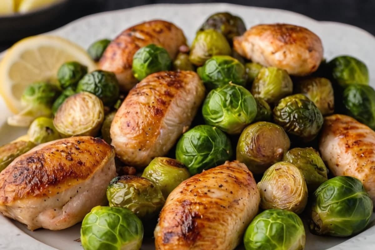 Air Fryer Lemon Garlic Brussels Sprouts & Chicken Sausage