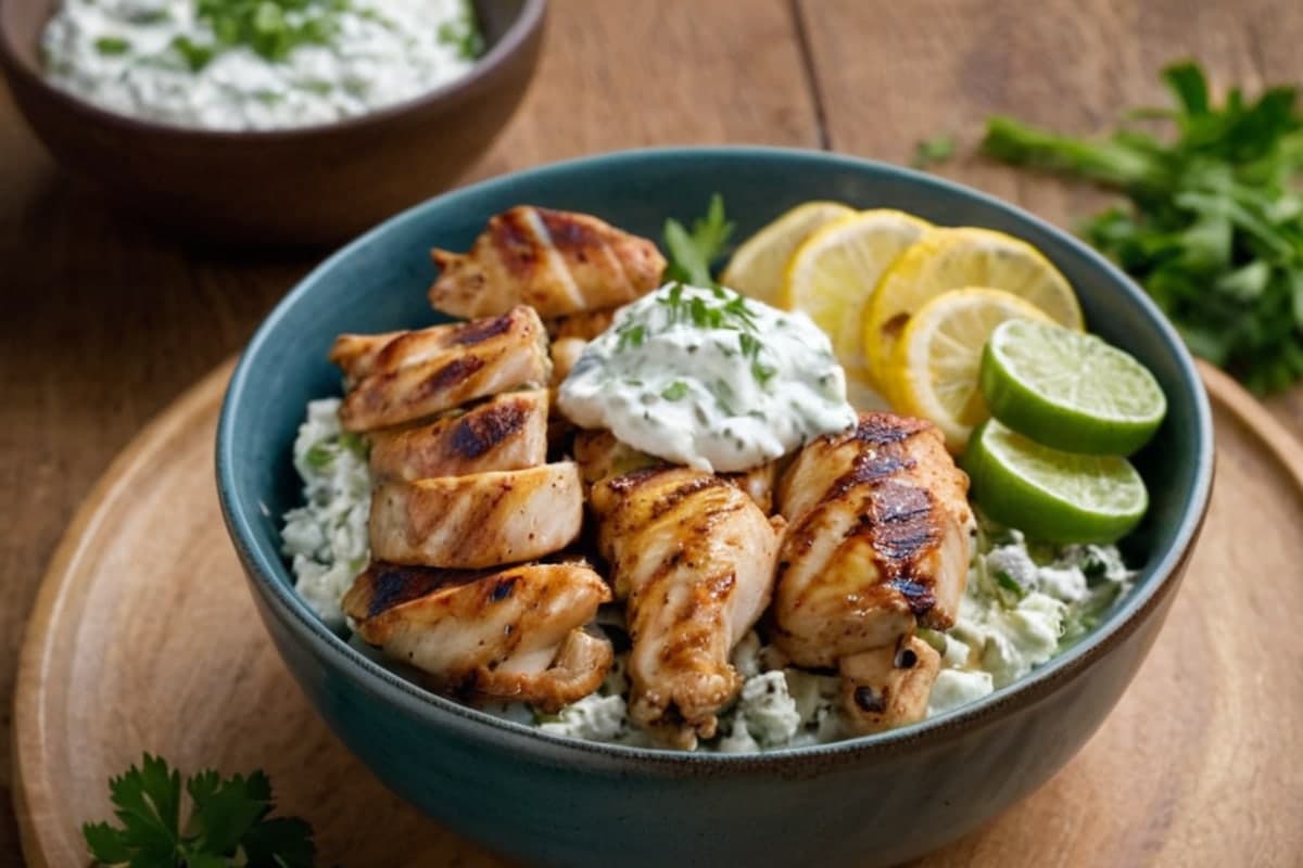 Air Fryer Greek Chicken Souvlaki Bowls with Tzatziki