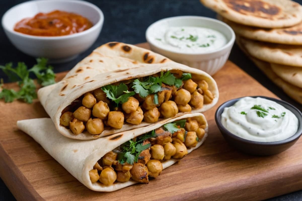 Air Fryer Chickpea Shawarma Pitas with Yogurt Sauce