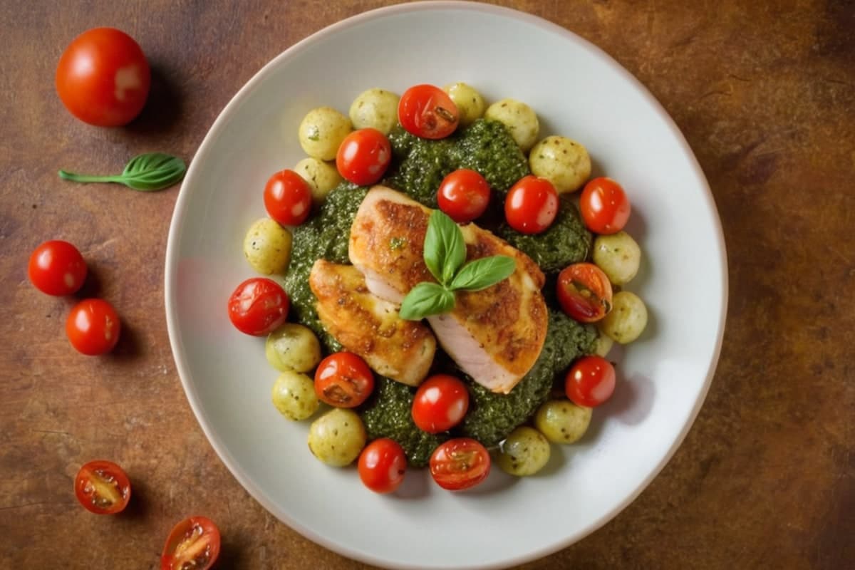 Air Fryer Cauliflower Gnocchi with Pesto & Cherry Tomatoes