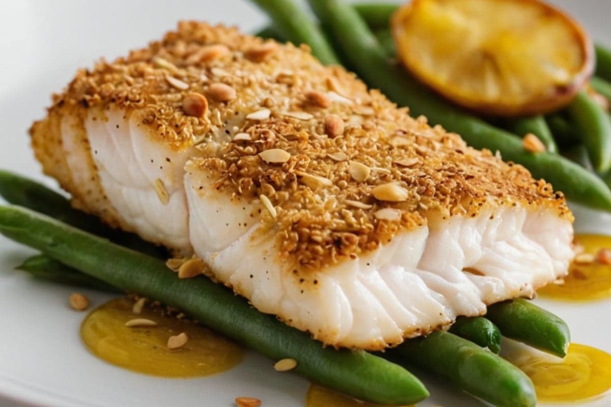 Air Fryer Almond-Crusted Cod with Green Beans