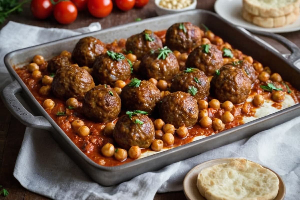 Sheet Pan Harissa Lamb Meatballs with Chickpeas