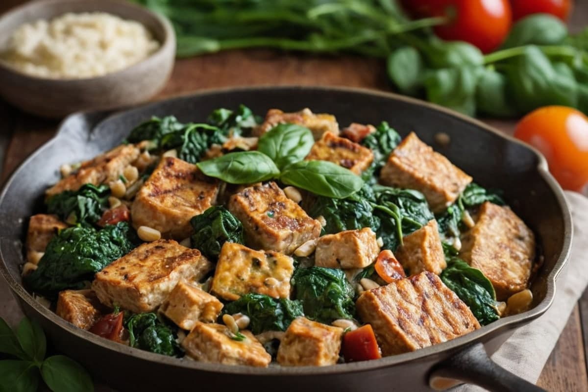 Creamy Tuscan Tempeh Skillet with Spinach & Sun-Dried Tomatoes