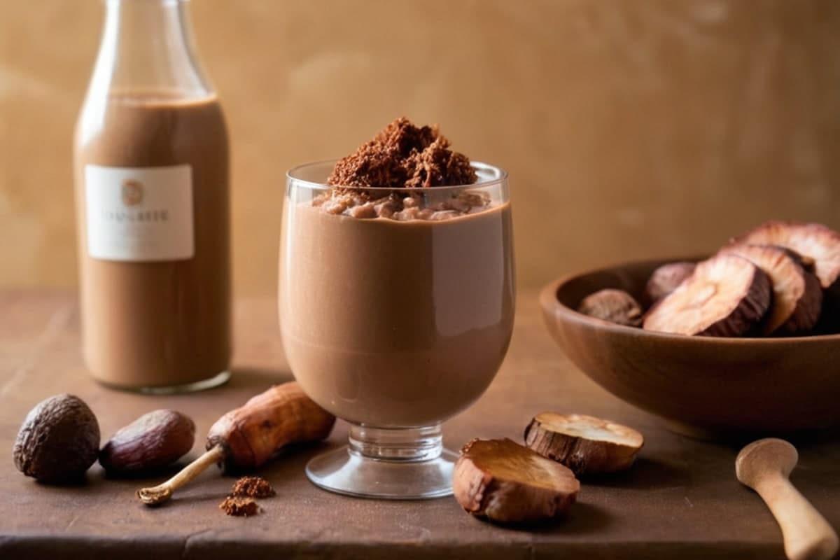High Protein Lion's Mane & Reishi Mushroom Cacao Smoothie for Gut-Brain Balance