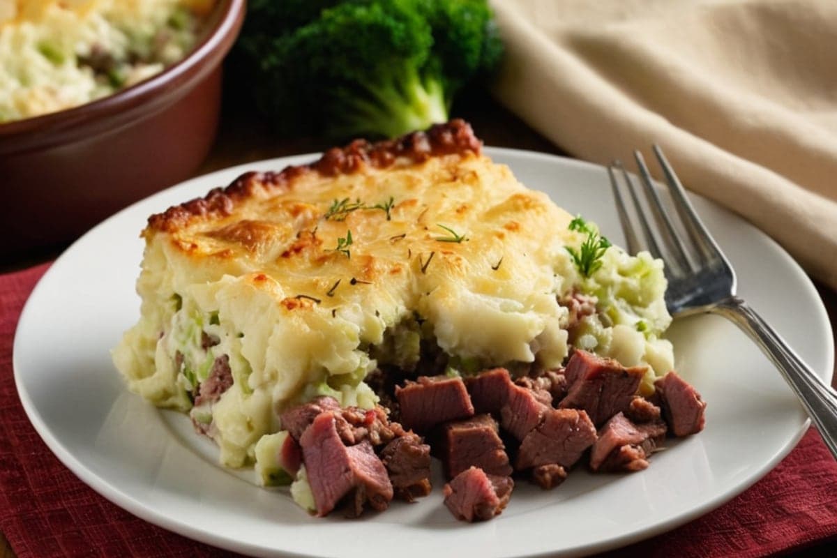 Leftover Corned Beef & Cabbage Shepherd's Pie with Colcannon Topping