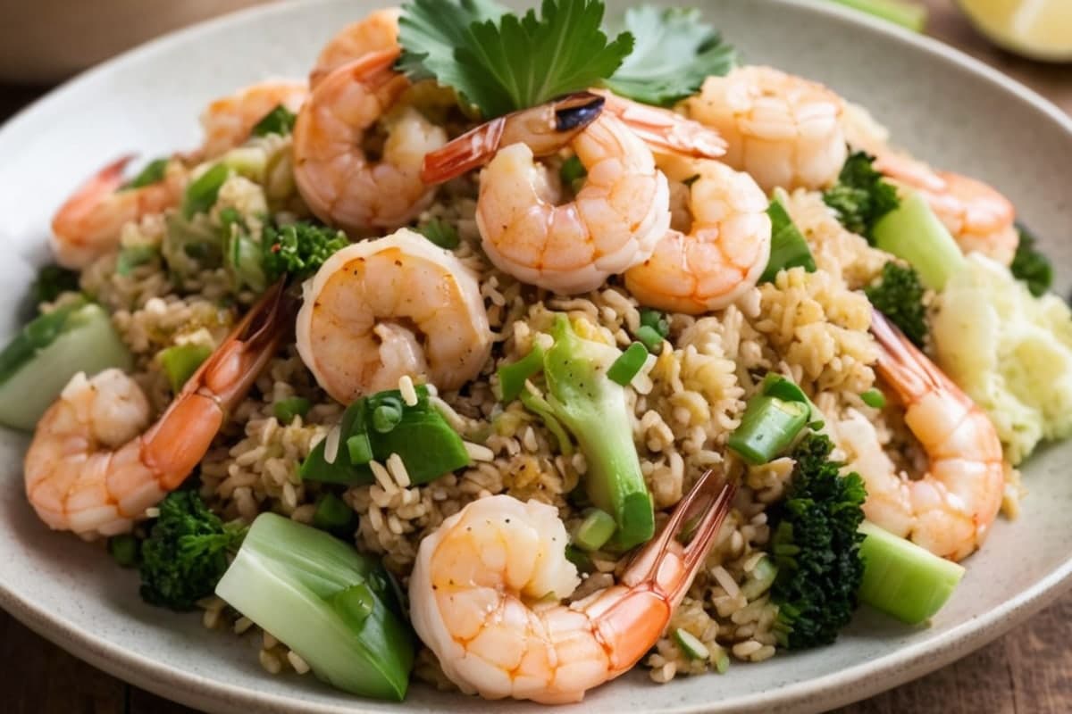 Keto Cauliflower Fried Rice with Bok Choy & Sesame Shrimp