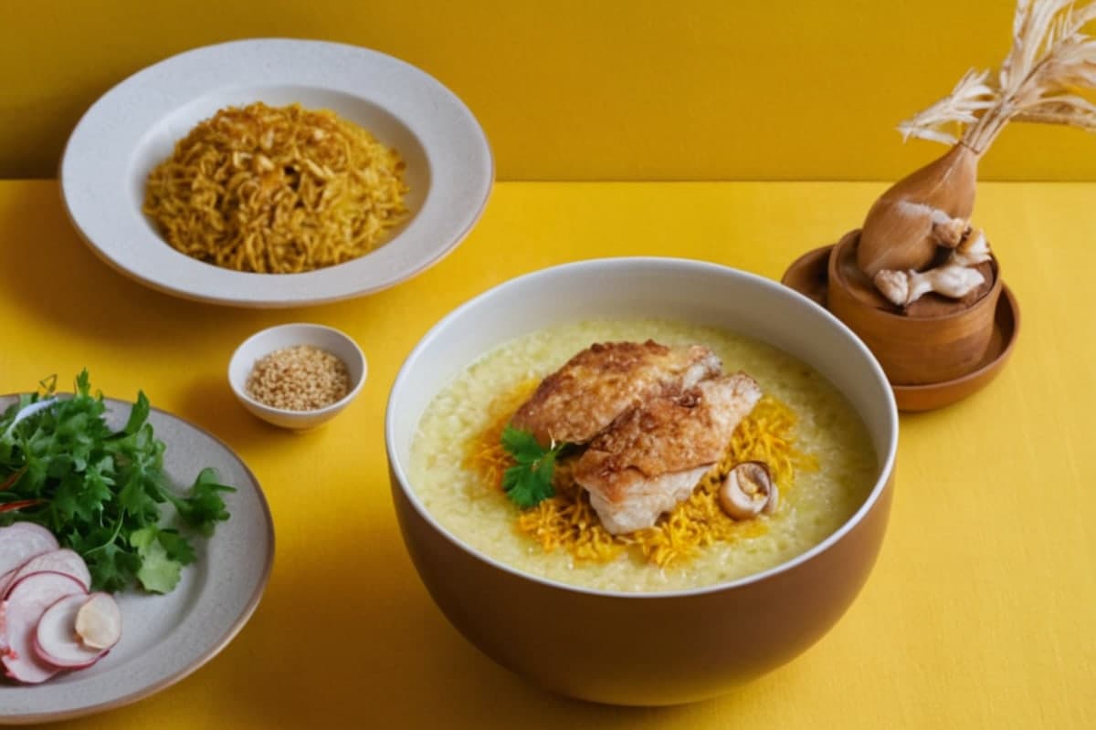 Filipino Arroz Caldo with Turmeric, Ginger & Crispy Garlic