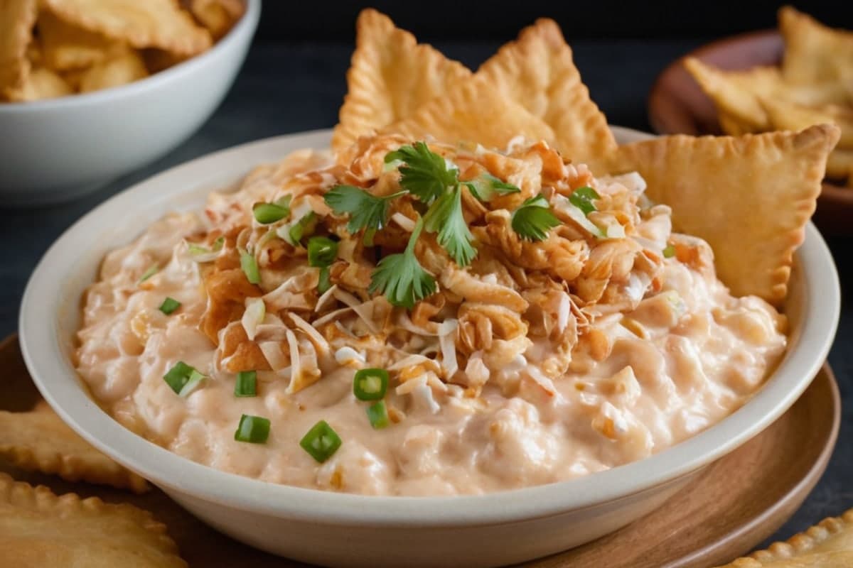 Crab Rangoon Dip with Crispy Wonton Chips (Takeout at Home)