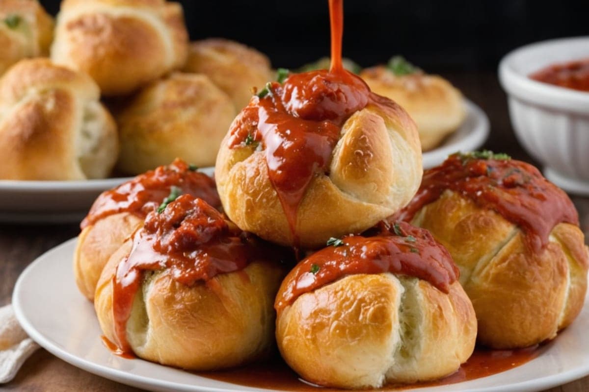 Cheesy Stuffed Garlic Knots with Marinara Dunking Sauce